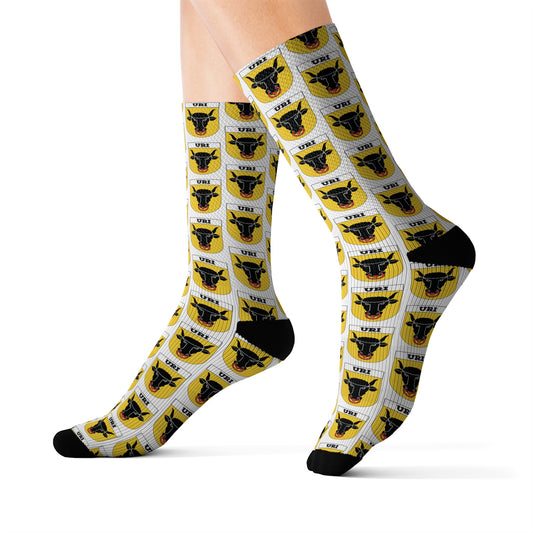 Swiss Canton of Uri Coat of Arms design on sublimation socks made of 95% Polyester and 5% Spandex with cushioned bottoms