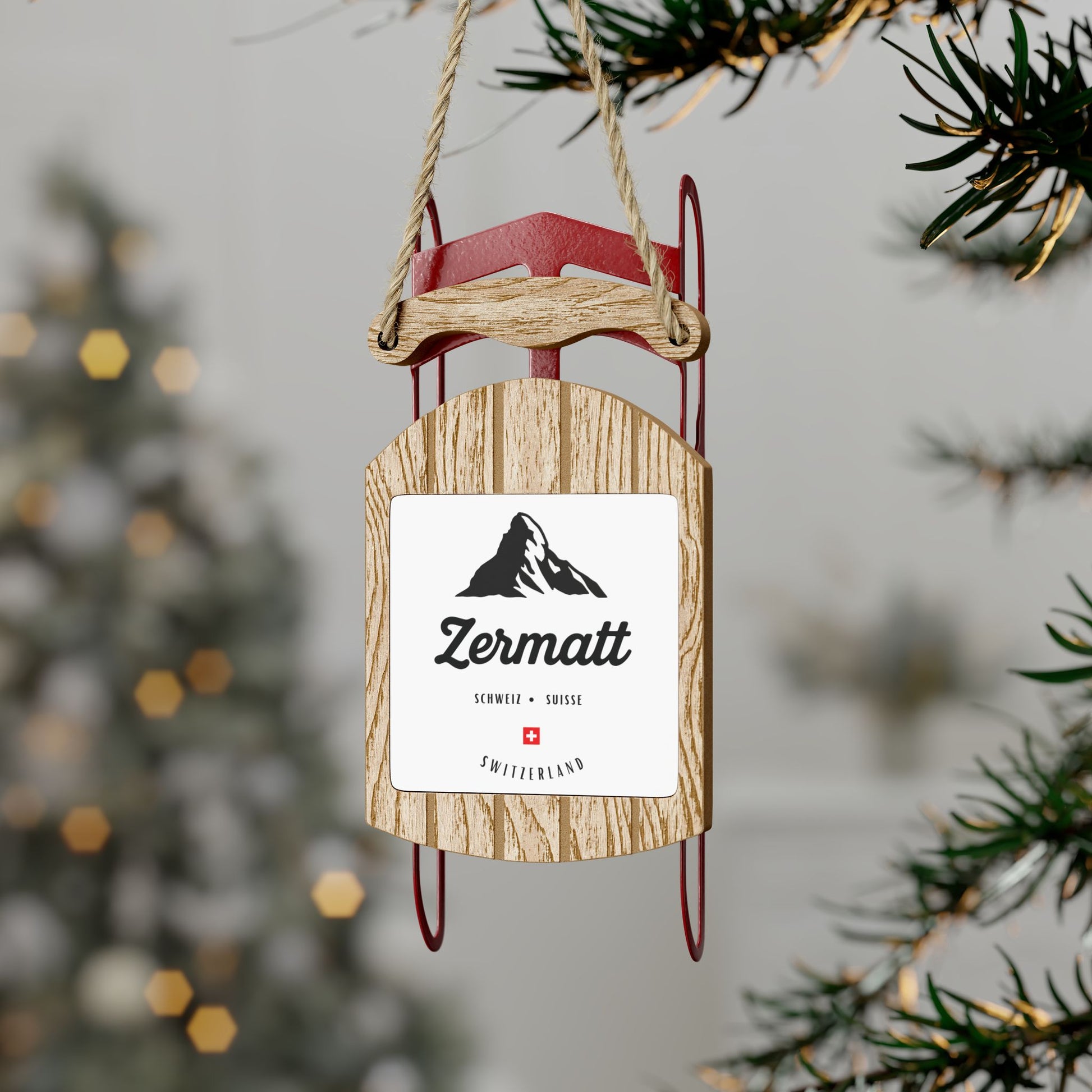 Wooden sled Switzerland ornament featuring Zermatt Alps winter souvenir