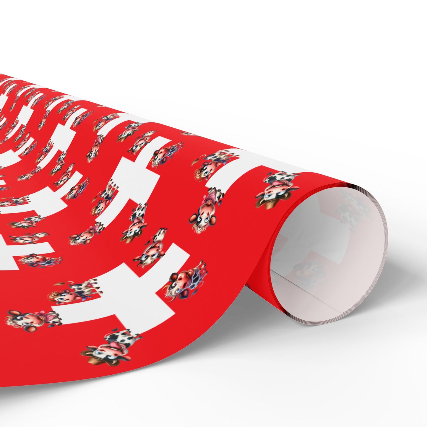 red wrapping paper with Swiss flag and cartoon cows