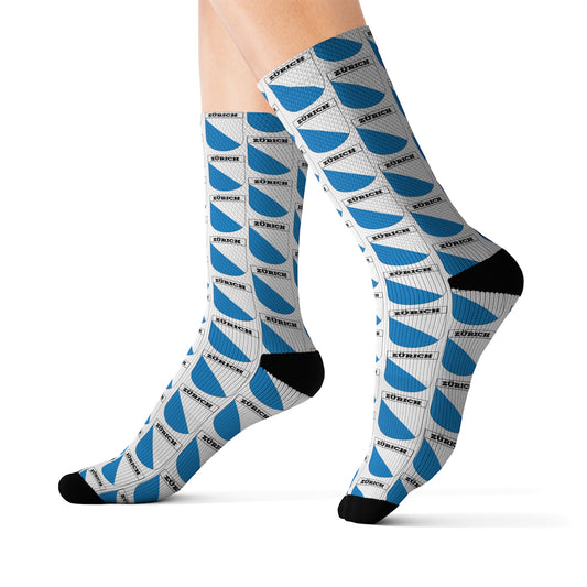 Sublimation socks featuring Swiss Canton of Zürich Coat of Arms. Ideal for Zürich aficionados, tourists, and natives. Embrace Swiss heritage.