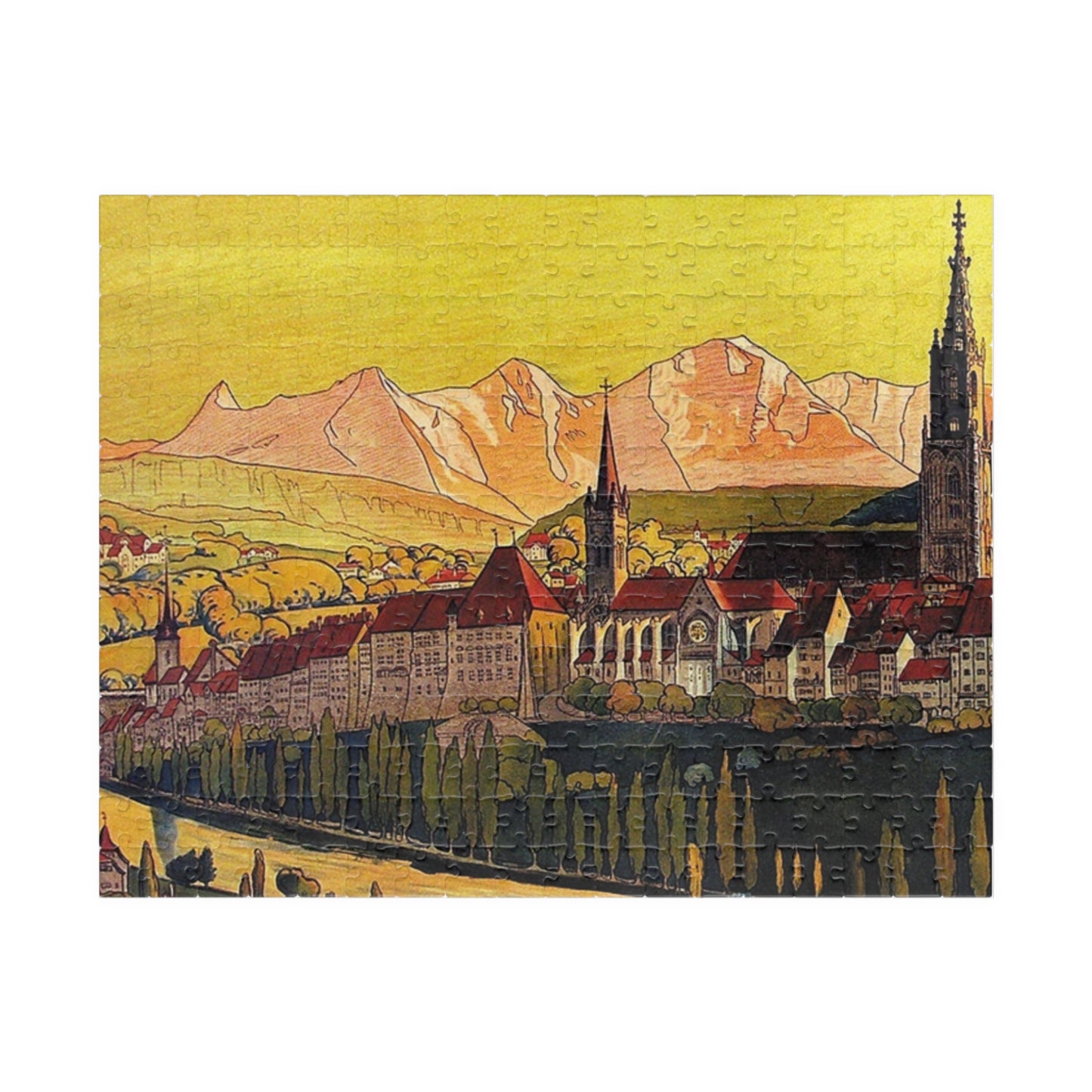 Bern Old Town vintage illustration jigsaw puzzle featuring Swiss Alps mountains and medieval architecture