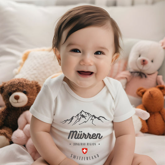 Baby wearing Mürren Switzerland bodysuit – front view