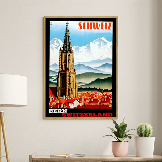 Bern Old Town Switzerland Retro Travel Poster with Swiss Alps Background - Vintage Cityscape Art Print for Home and Office Decor