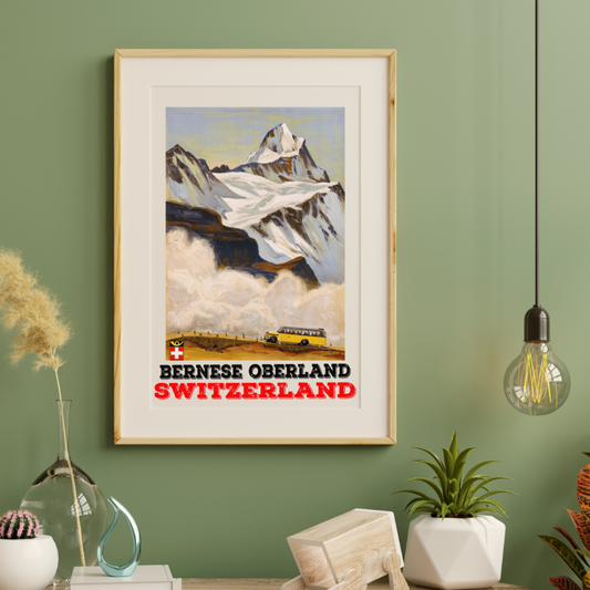 Mail Bus in the Heart of the Bernese Oberland, Switzerland - Vintage Retro Travel Poster for Home Decor