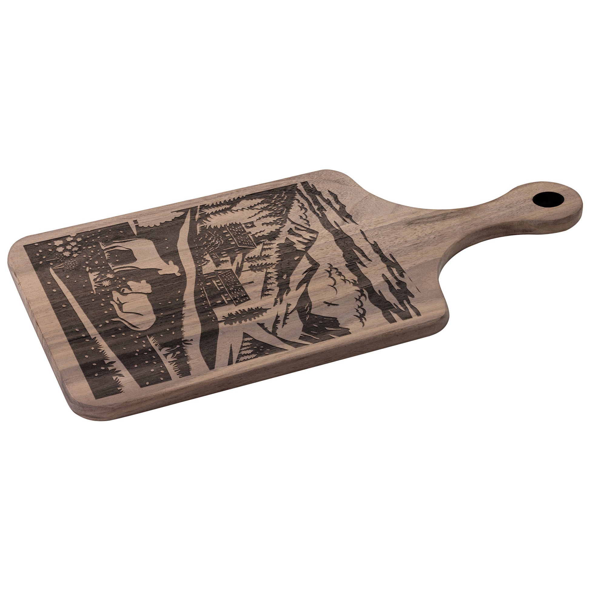 Binntal Nature Park cutting board with Swiss chalet and cow design