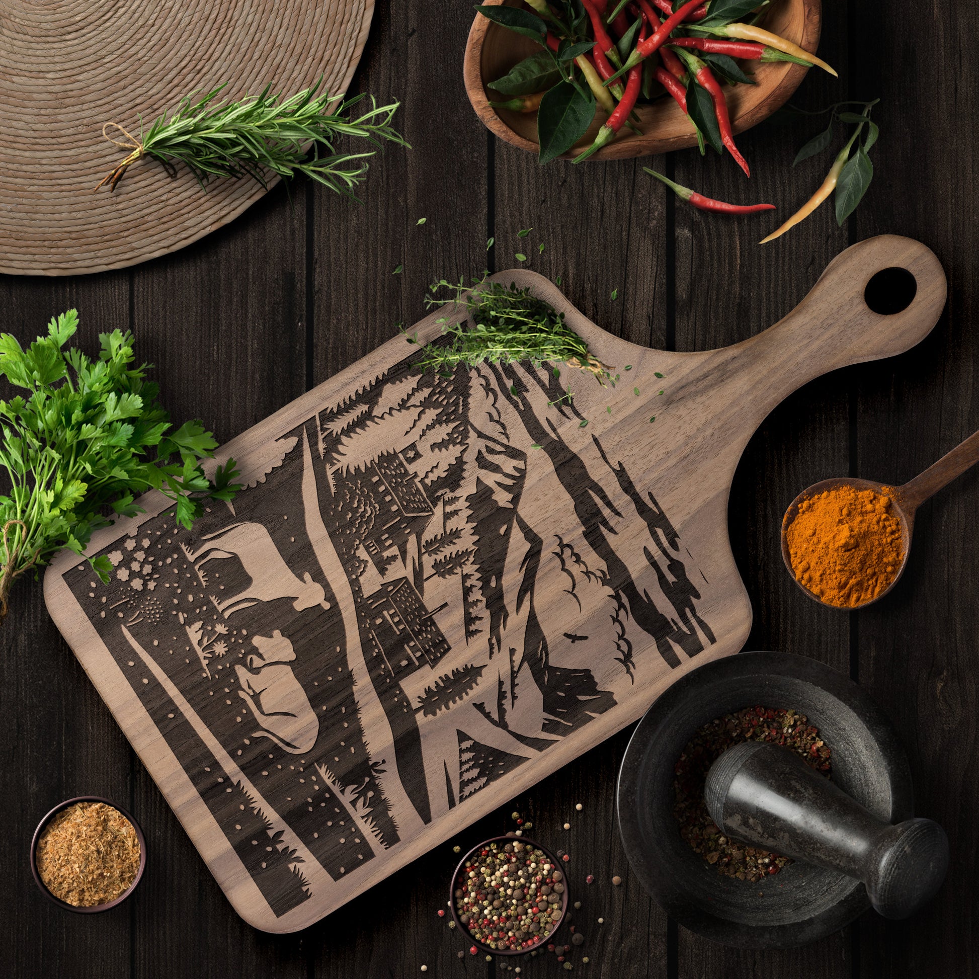 Cutting board with Swiss nature park scene