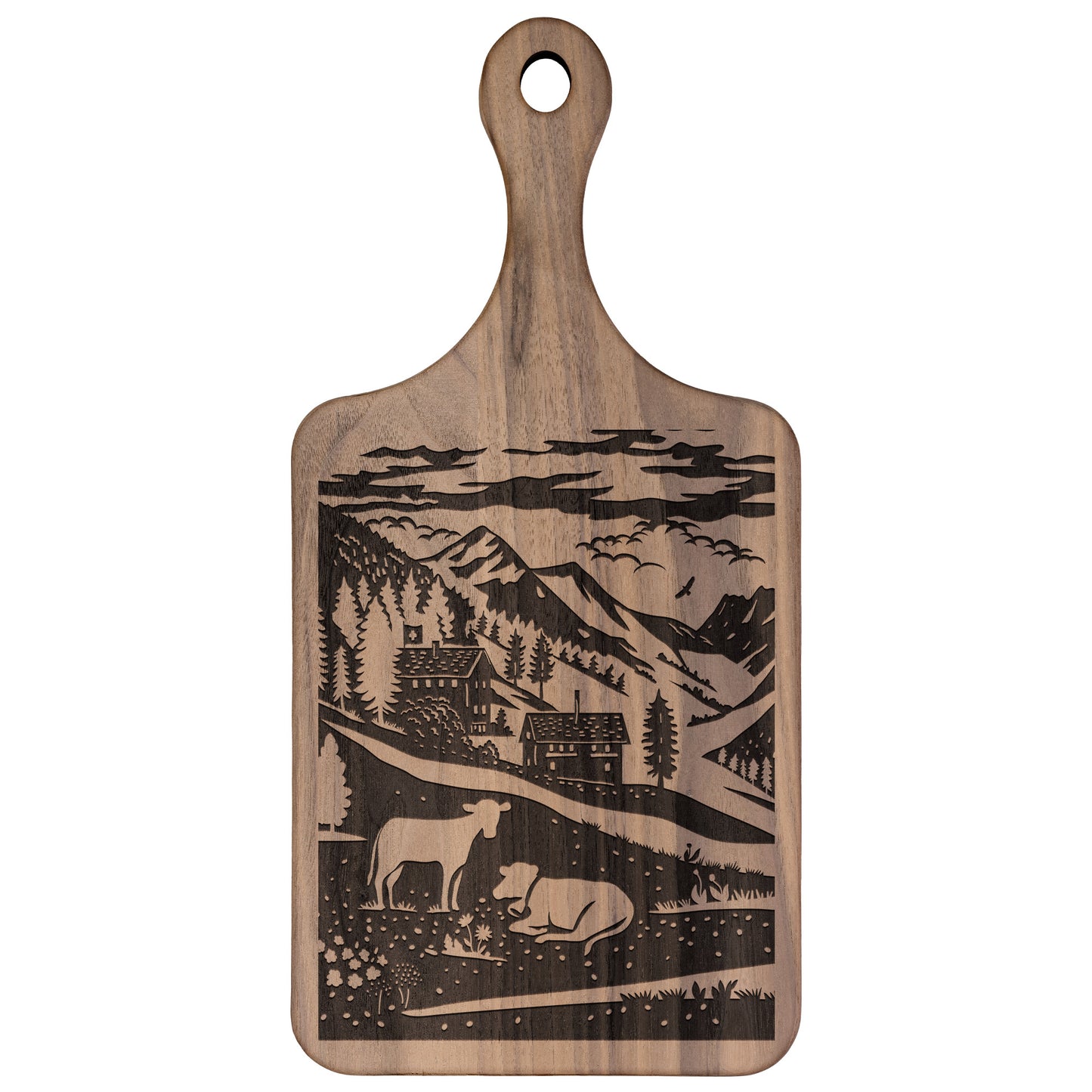 Alpine design cutting board with Swiss village details