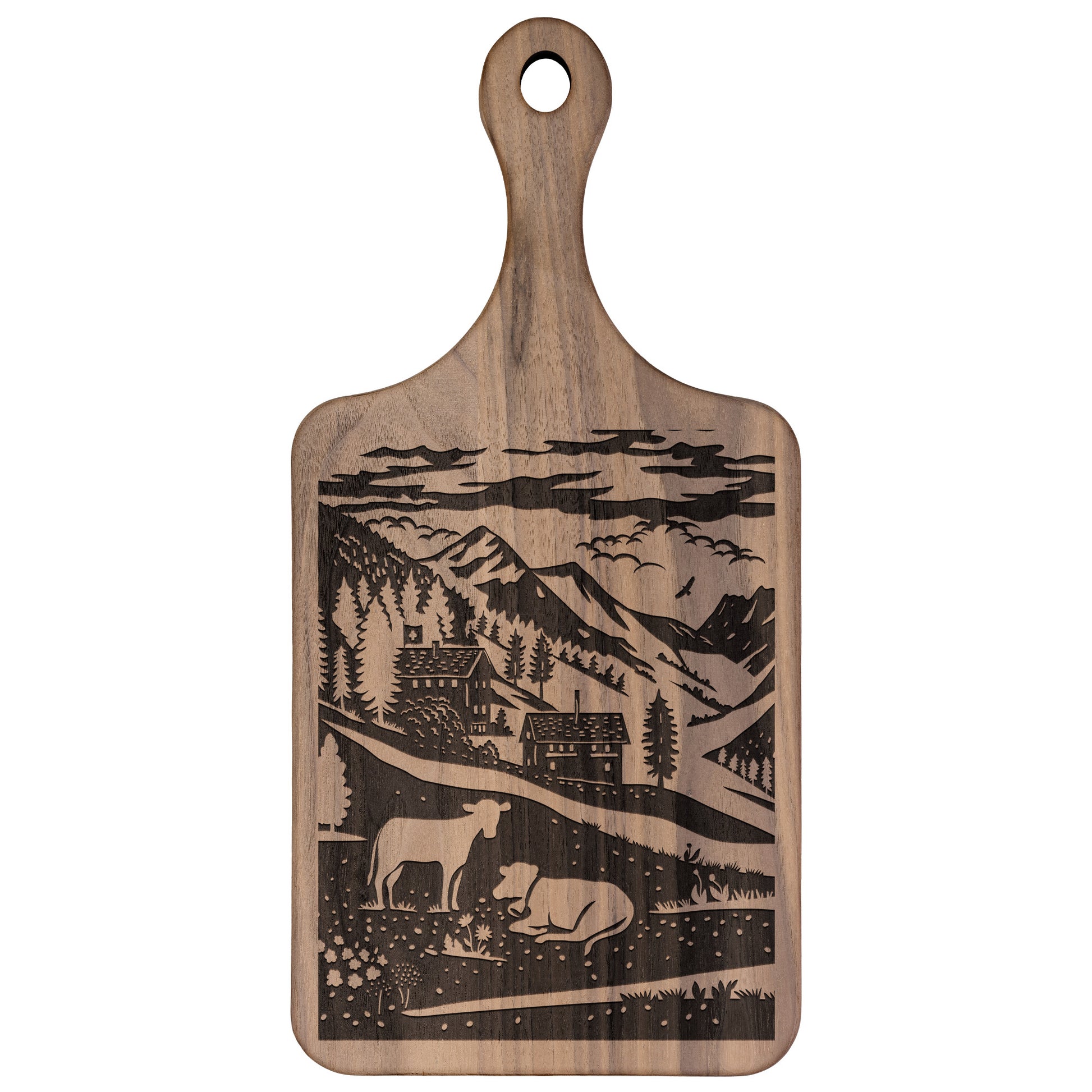 Alpine design cutting board with Swiss village details