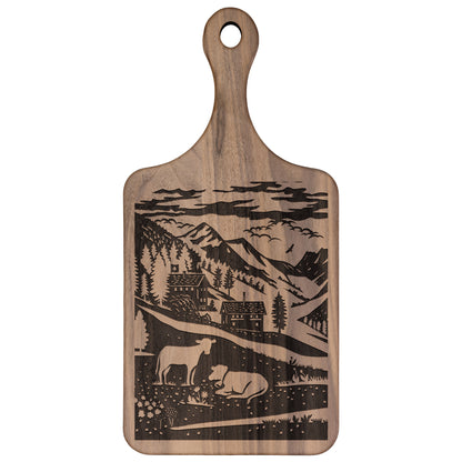 Alpine design cutting board with Swiss village details