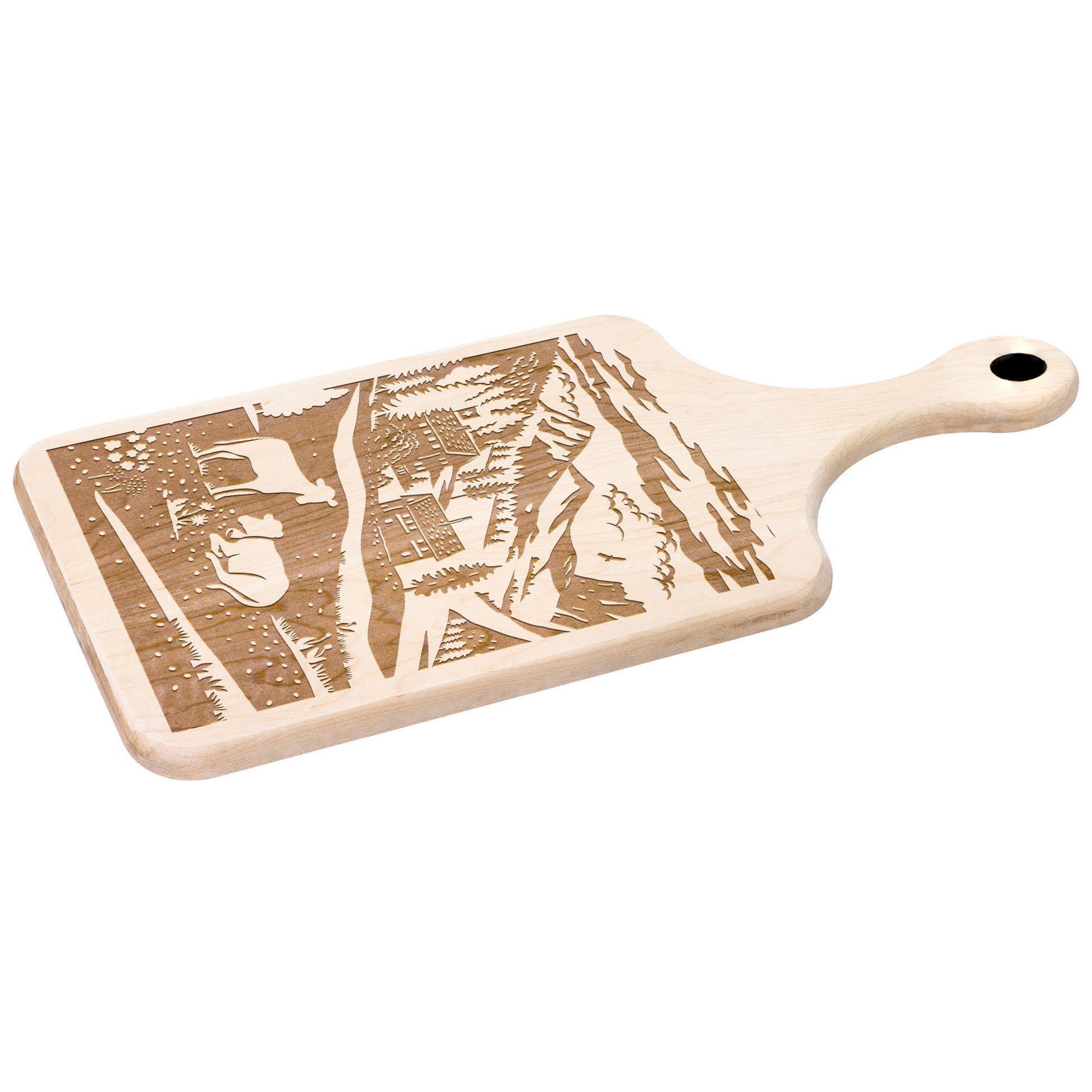 Cutting board with Binntal Nature Park scene featuring a Swiss chalet, cow, and village detail