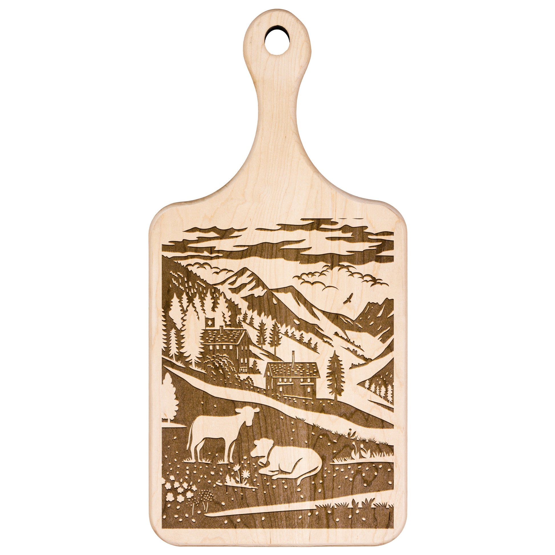 Outdoor-themed cutting board with Swiss alpine village, chalet, and cow design