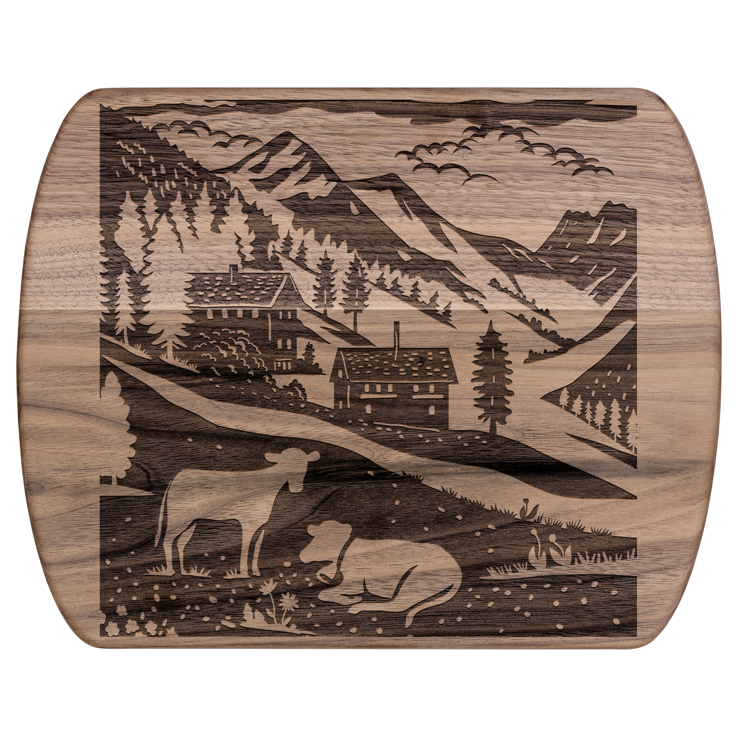 Swiss-inspired cutting board with papercut design of Binntal Nature Park in Upper Valais