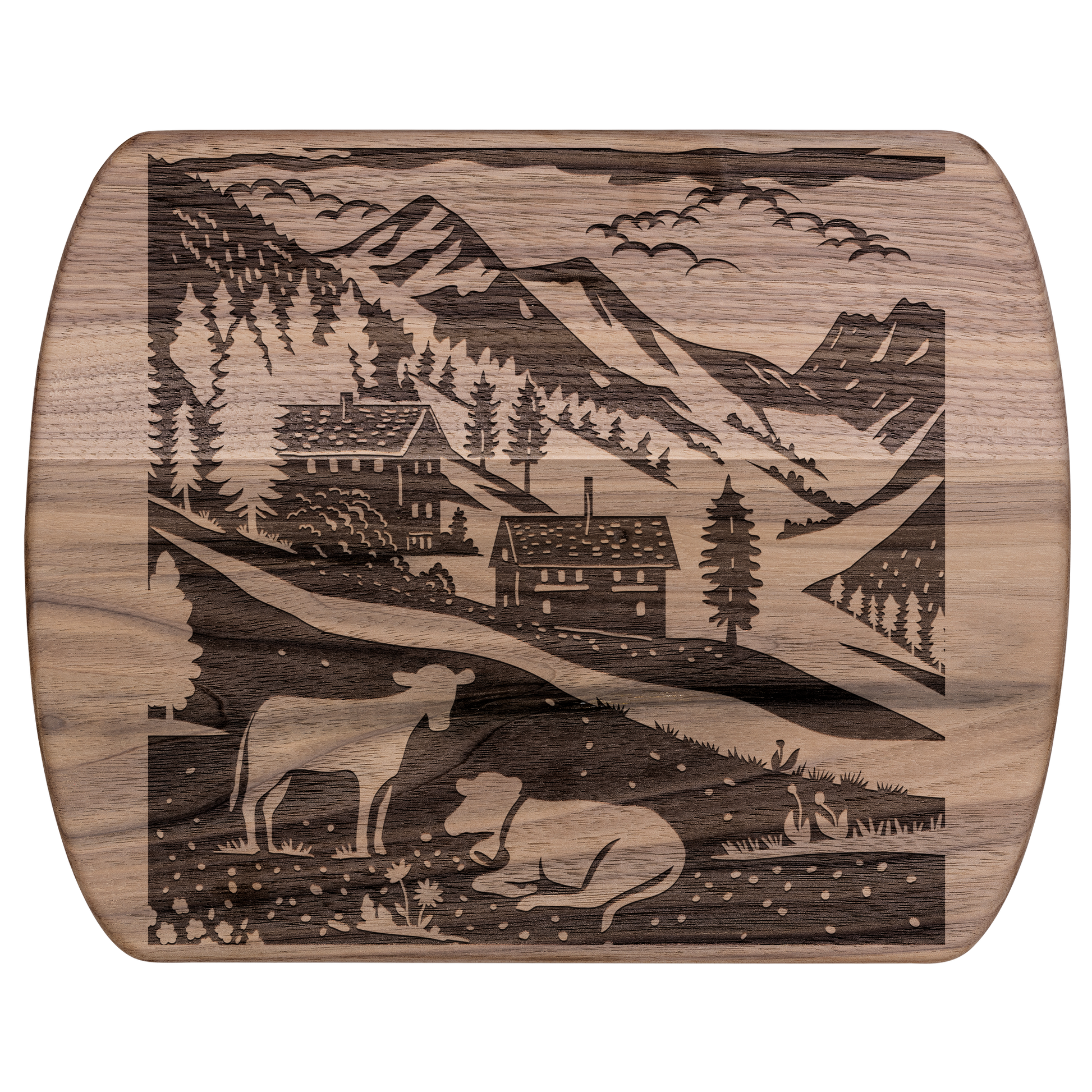 Swiss-inspired cutting board with papercut design of Binntal Nature Park in Upper Valais