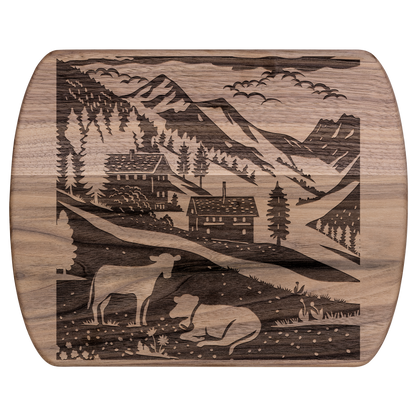 Swiss-inspired cutting board with papercut design of Binntal Nature Park in Upper Valais