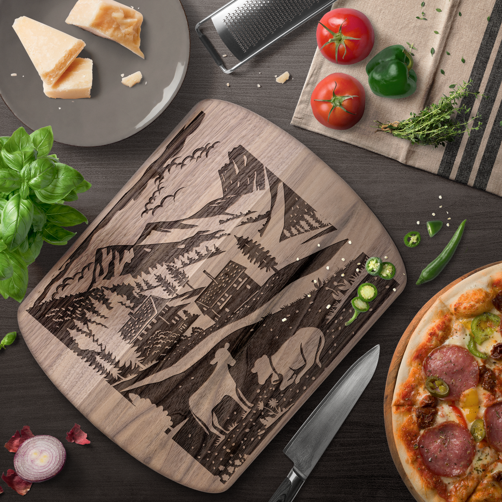 Binntal Nature Park papercut cutting board featuring Swiss chalet, cow, and alpine village scene from Upper Valais region