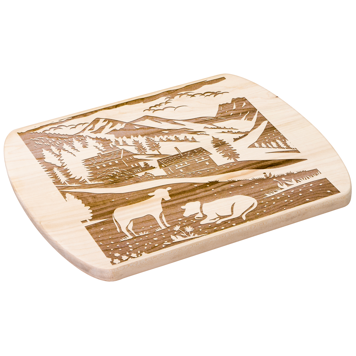 Outdoor-themed cutting board with Swiss alpine village, chalet, and cow design