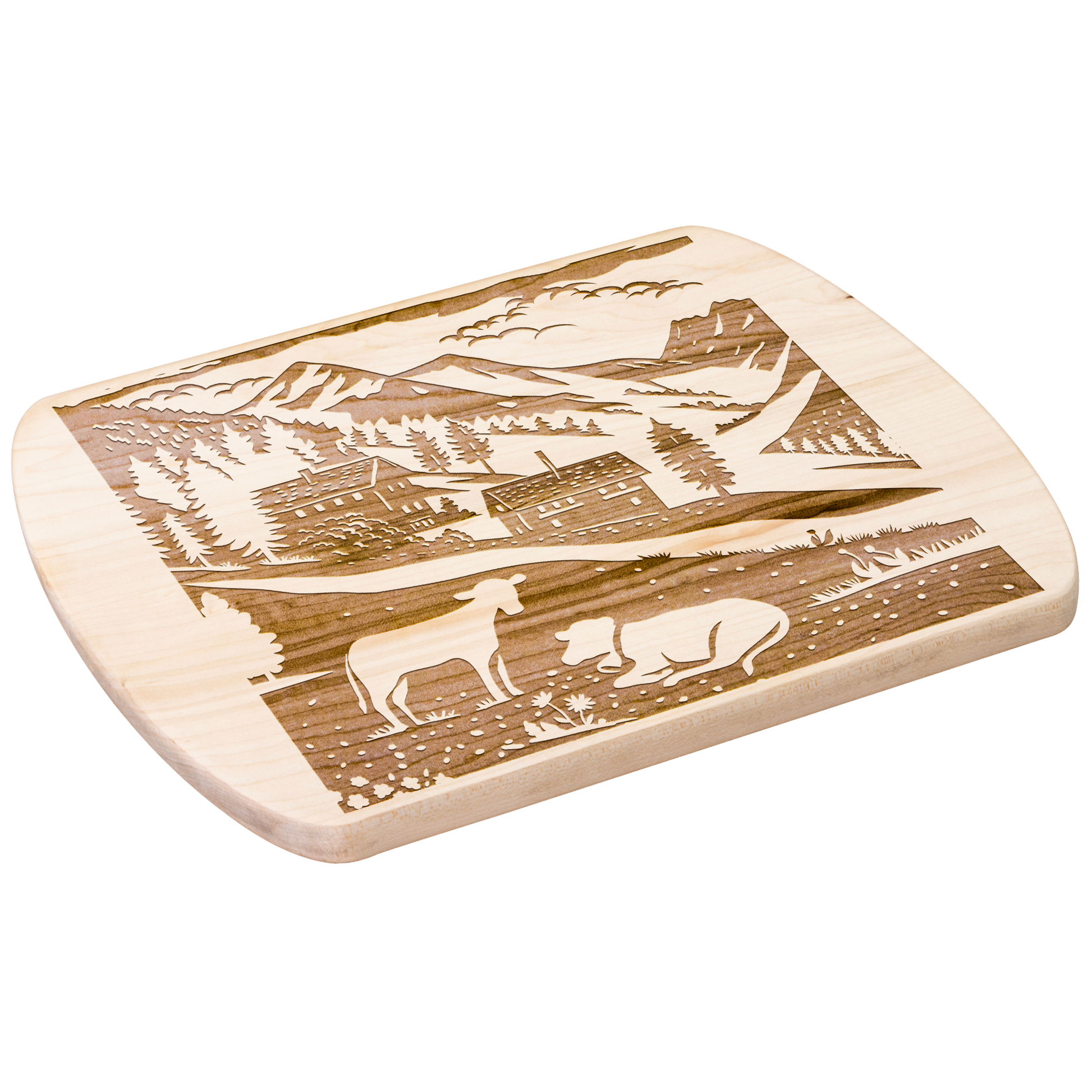 Outdoor-themed cutting board with Swiss alpine village, chalet, and cow design