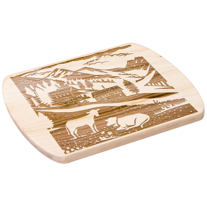 Outdoor-themed cutting board with Swiss alpine village, chalet, and cow design