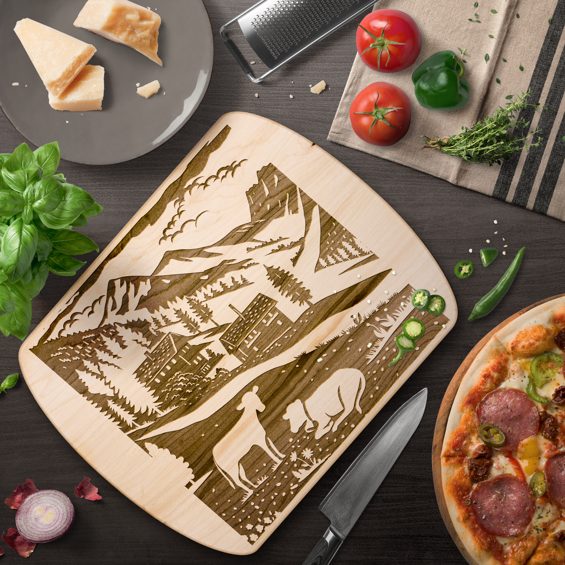Alpine design cutting board with Swiss village details