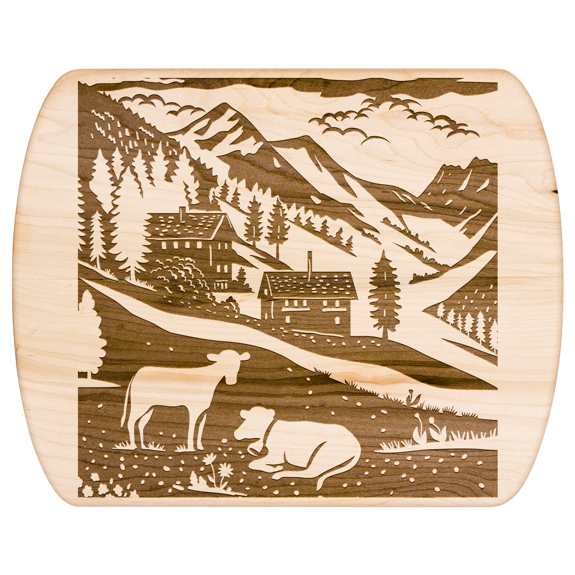 Cutting board with Binntal Nature Park scene featuring a Swiss chalet, cow, and village detail
