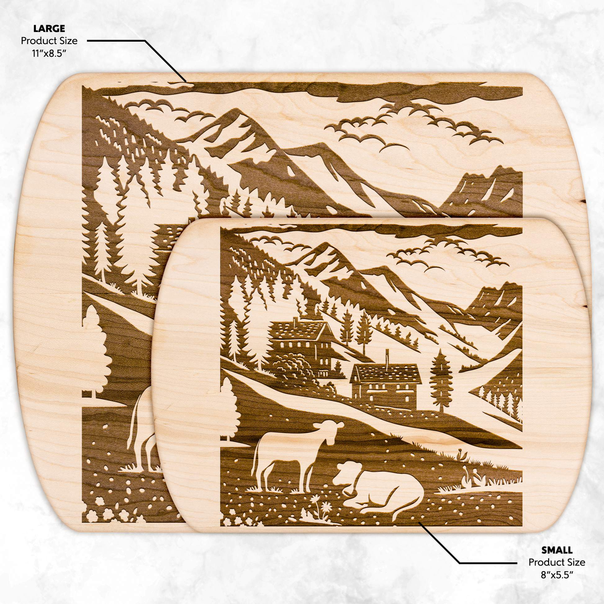 Binntal Nature Park cutting board with Swiss chalet and cow design