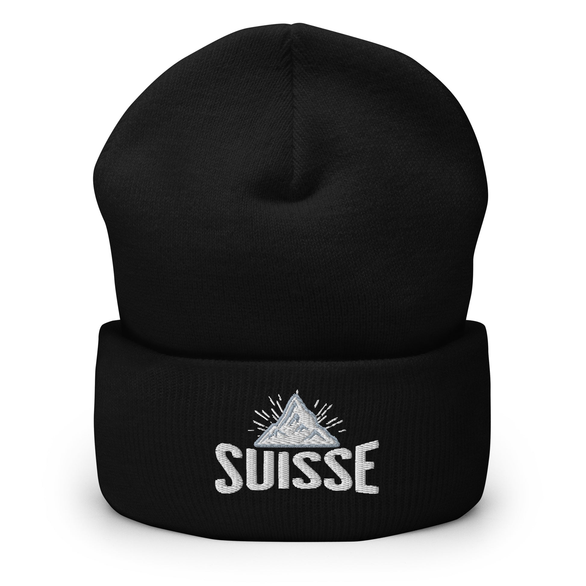 Black Suisse Adventure Beanie with Embroidered mountain design