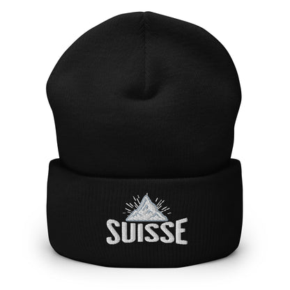 Black Suisse Adventure Beanie with Embroidered mountain design