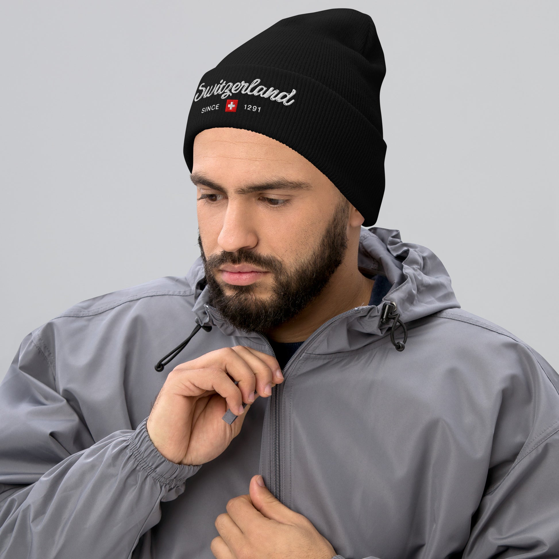 Black Switzerland beanie with elegant embroidered design for nature lovers