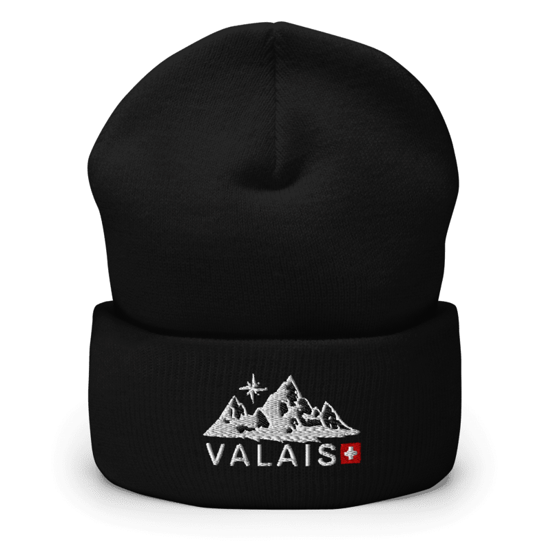 Black Valais beanie with embroidered mountain badge and Swiss cross