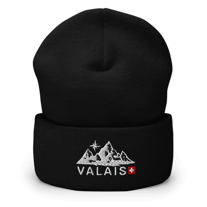 Black Valais beanie with embroidered mountain badge and Swiss cross