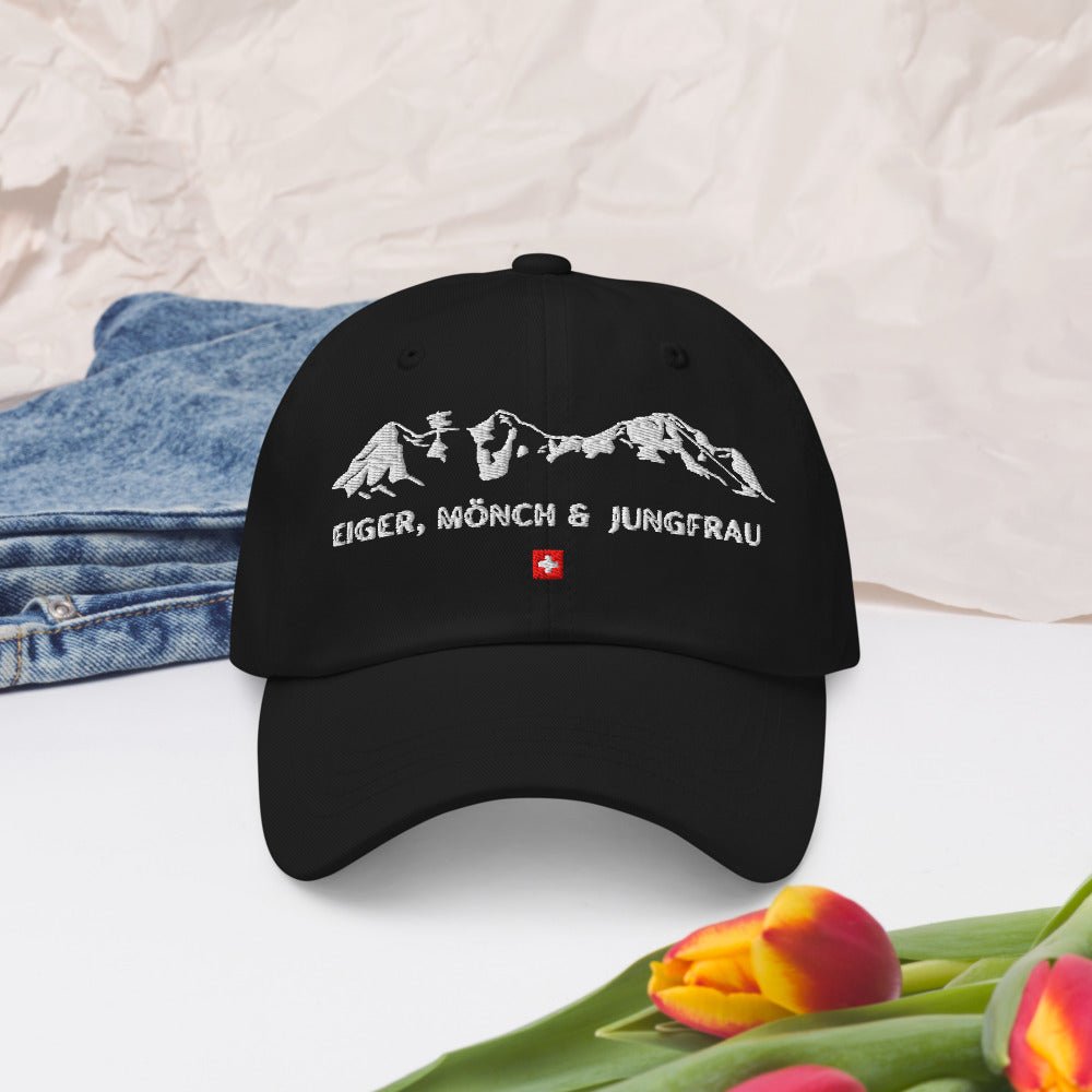 Black dad hat with Eiger Monch and Jungfrau mountain design