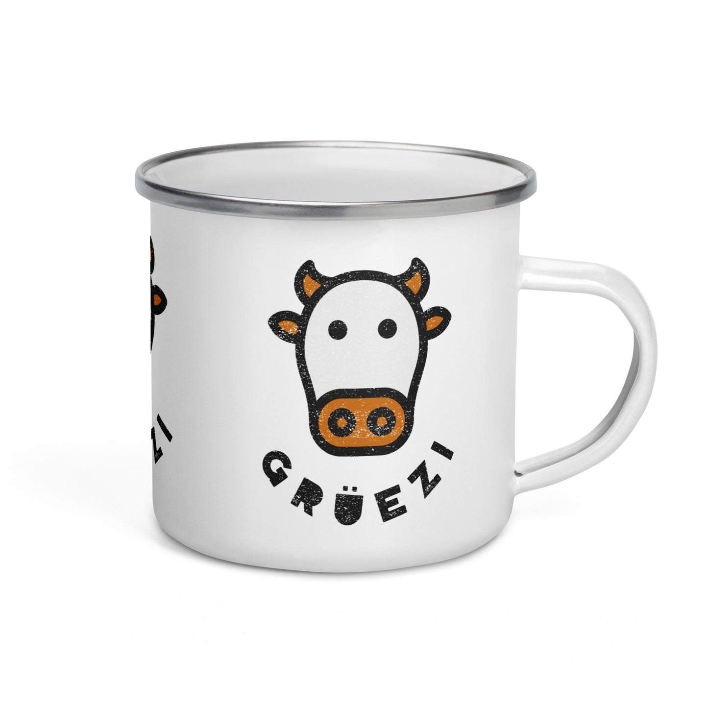Grüezi Enamel Mug – Swiss Cow Design 🐮 | Durable & Stylish Camping Mug for Nature Lovers 🏞️
