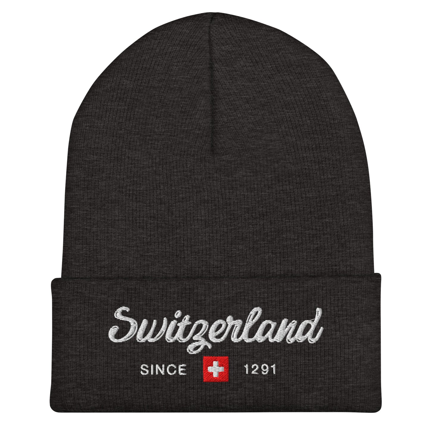 Close-up of Switzerland Beanie with ‘Since 1291’ embroidery in bold lettering