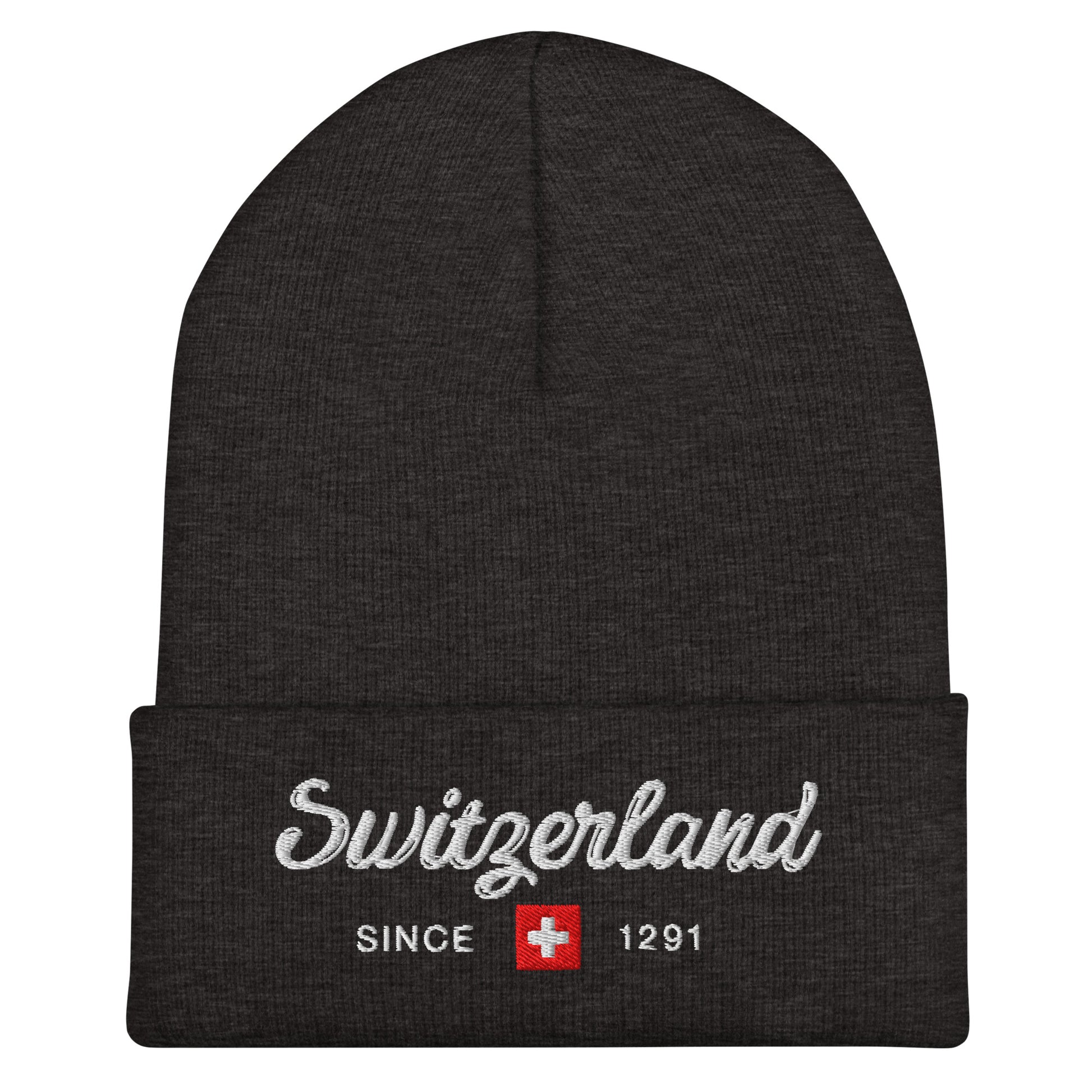 Close-up of Switzerland Beanie with ‘Since 1291’ embroidery in bold lettering