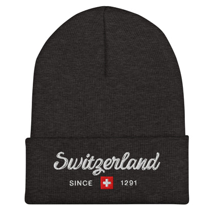 Close-up of Switzerland Beanie with ‘Since 1291’ embroidery in bold lettering