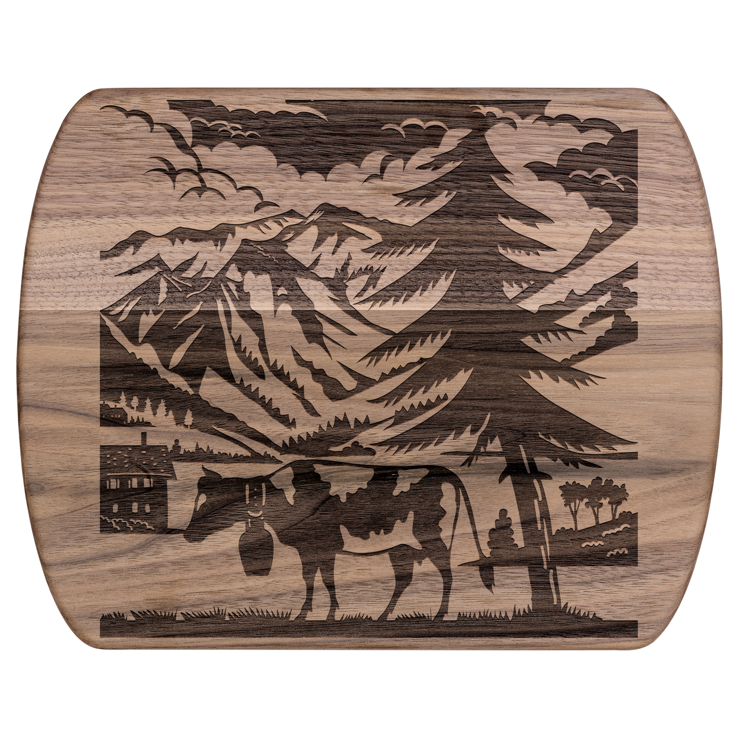 Elm Sernftal inspired cutting board with Swiss cow and mountain silhouette - perfect gift for Switzerland lovers and alpine decor enthusiasts
