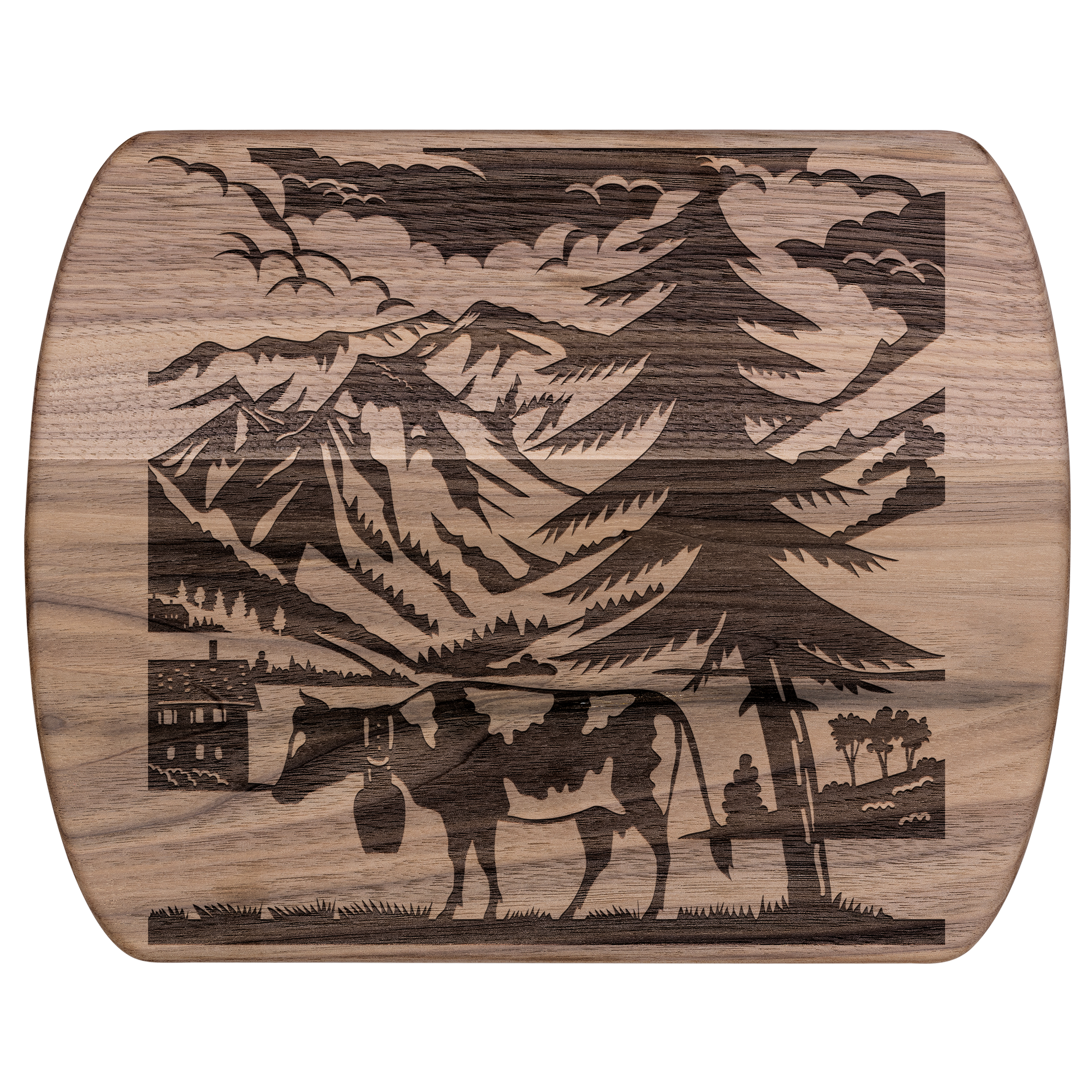 Elm Sernftal inspired cutting board with Swiss cow and mountain silhouette - perfect gift for Switzerland lovers and alpine decor enthusiasts