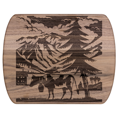 Elm Sernftal inspired cutting board with Swiss cow and mountain silhouette - perfect gift for Switzerland lovers and alpine decor enthusiasts