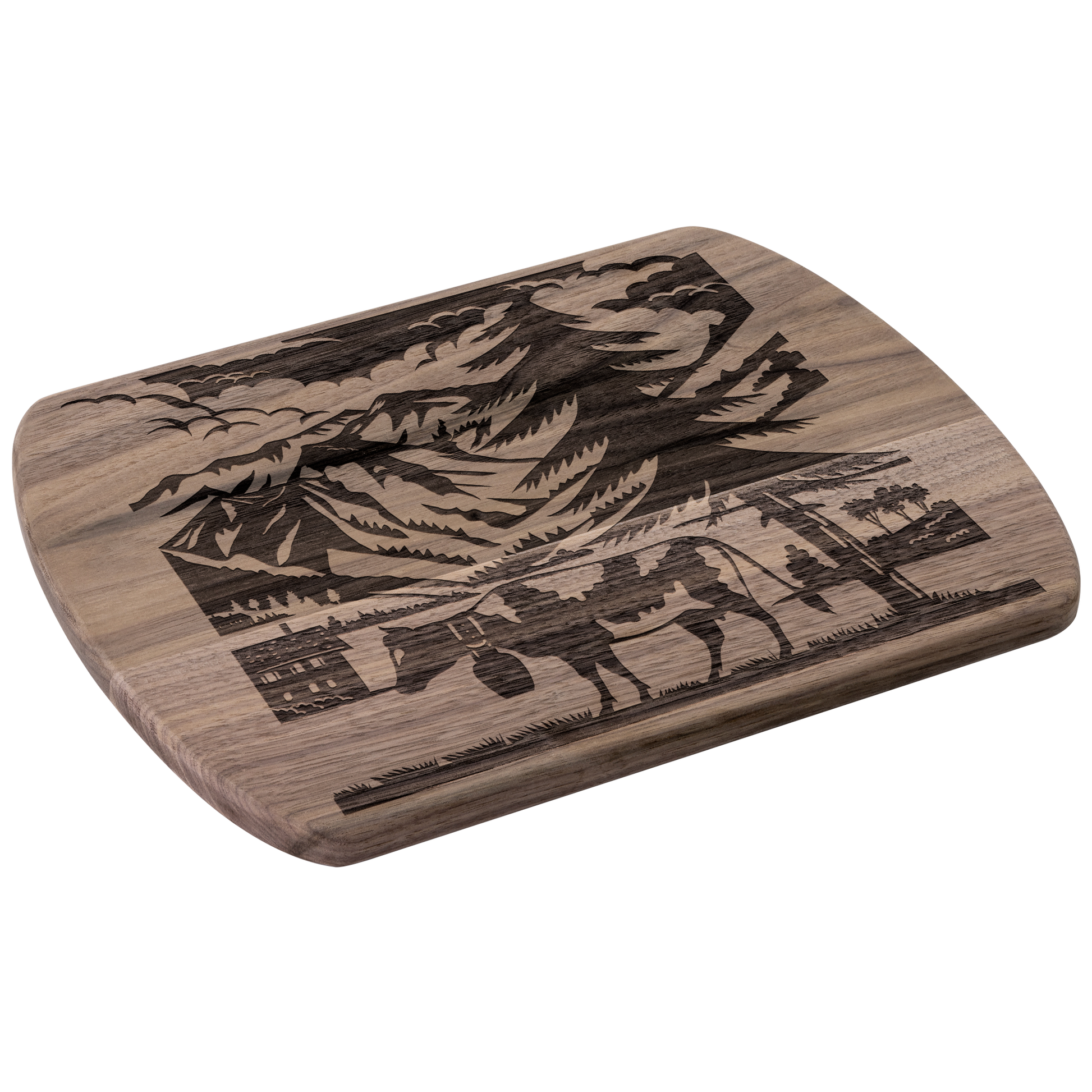 Swiss cow cutting board with scherenschnitte silhouette design featuring Glarus peaks and Elm Sernftal alpine scenery in premium wood