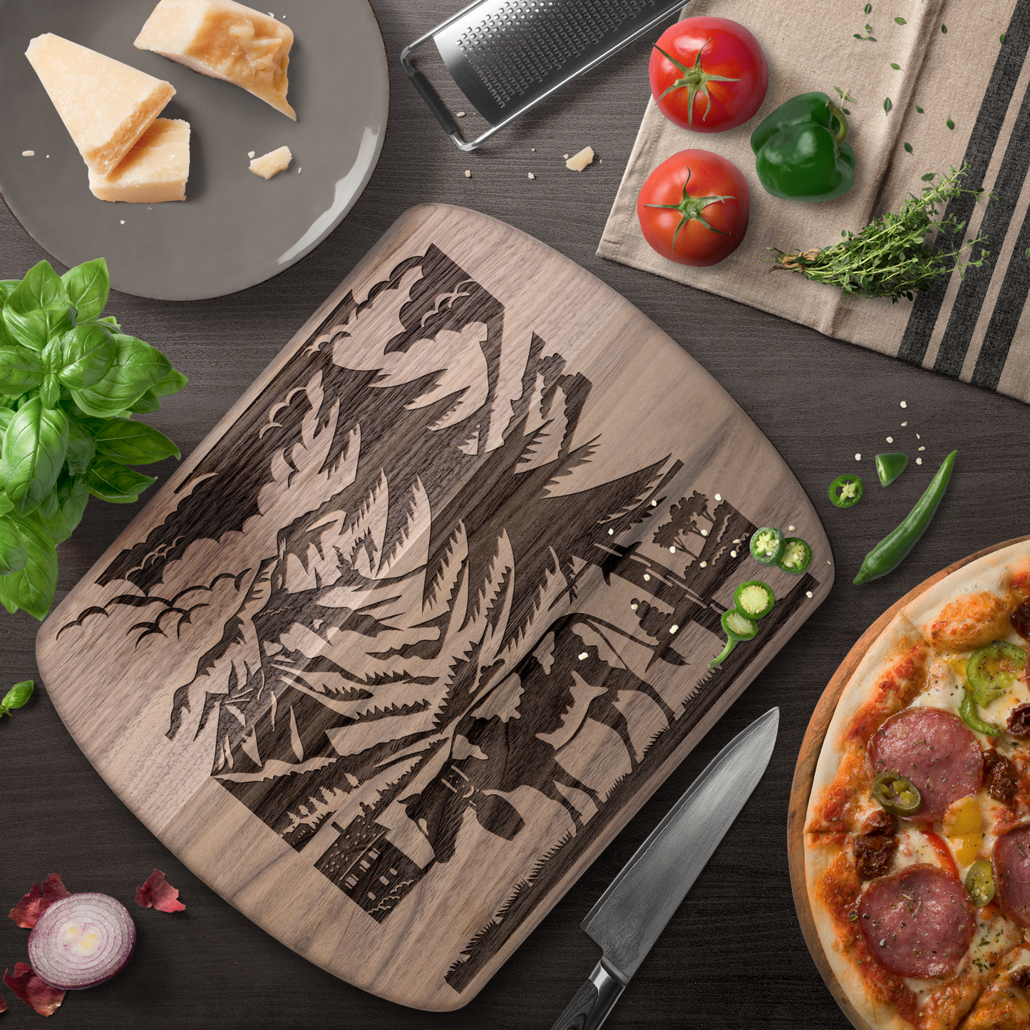 Traditional Swiss scherenschnitte cutting board showcasing cow silhouette against Glarus mountain peaks - authentic Alpine folk art design