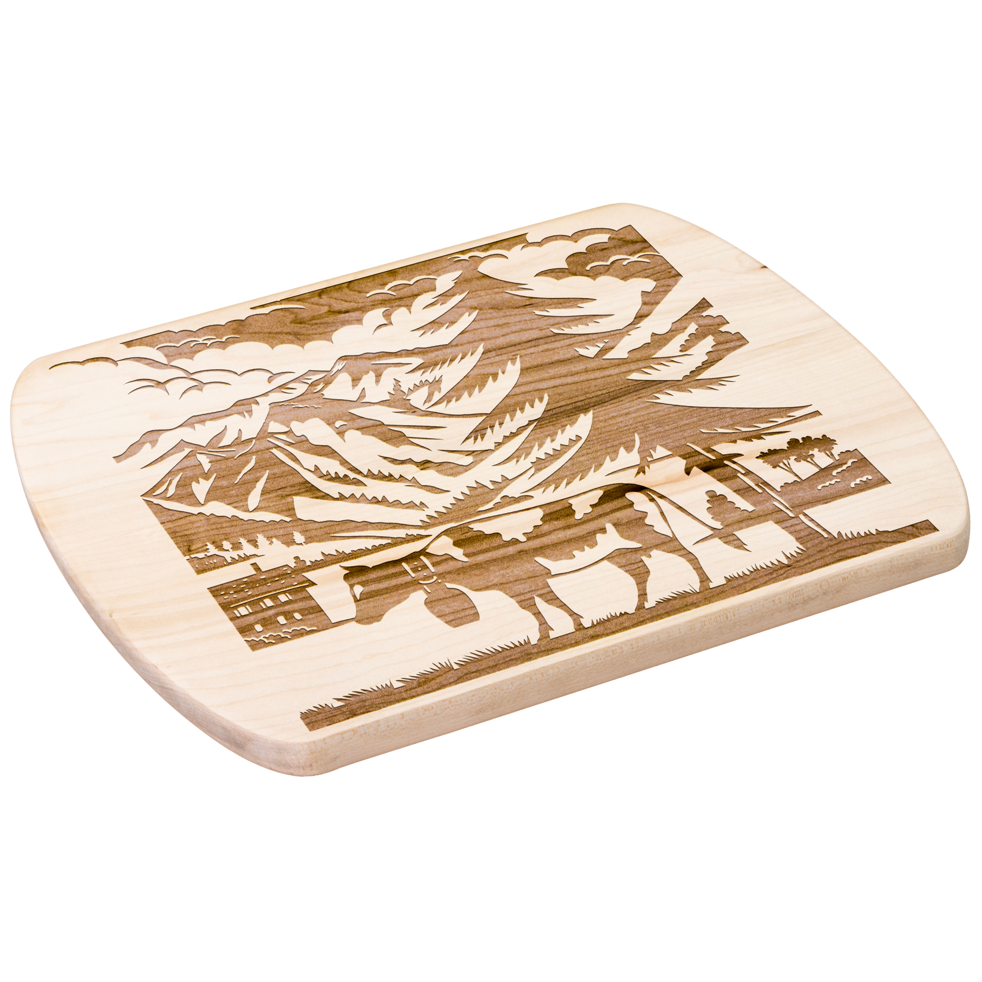 Scherenschnitte cutting board with Swiss cow silhouette against mountain backdrop