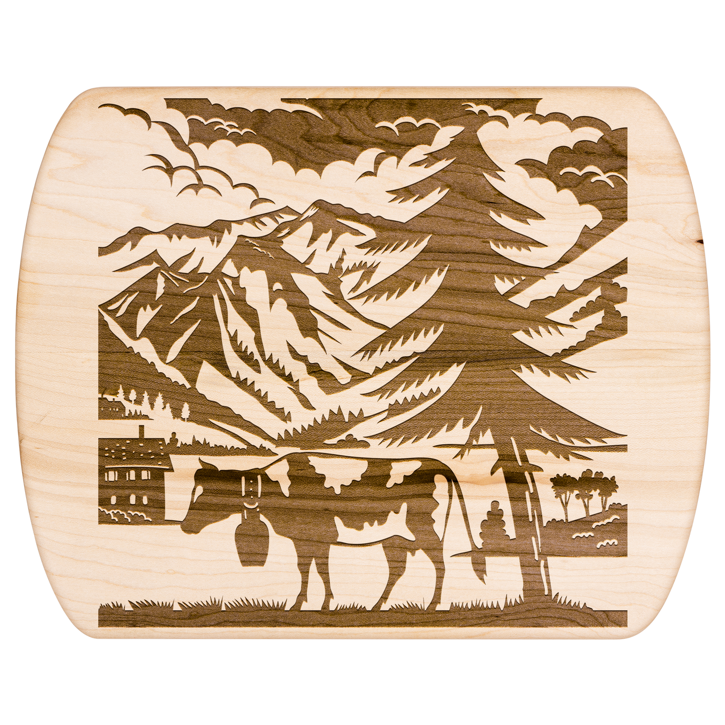 Swiss-inspired cutting board featuring cow and alpine scenery from Switzerland