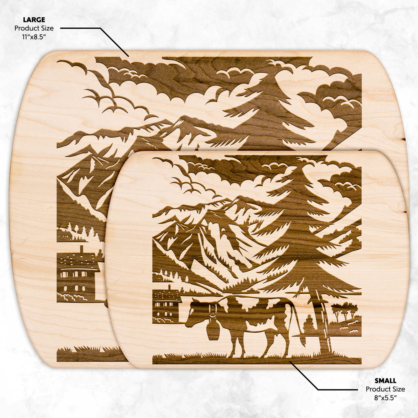 Premium wooden cutting board featuring Swiss cow papercut design with Glarus peaks, ideal for cheese serving and rustic kitchen display