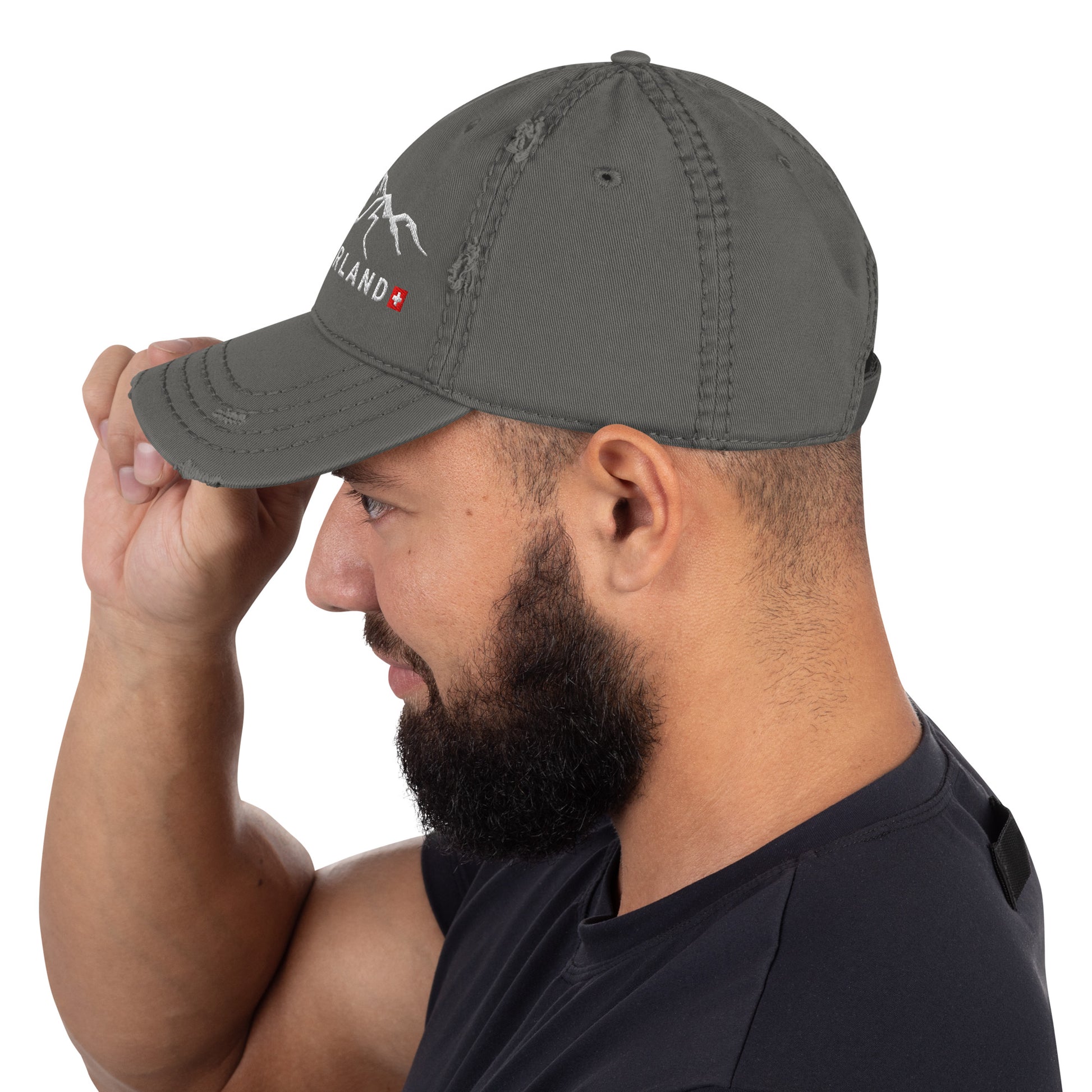 Distressed Swiss souvenir cap with breathable fabric for outdoor adventures 🌲
