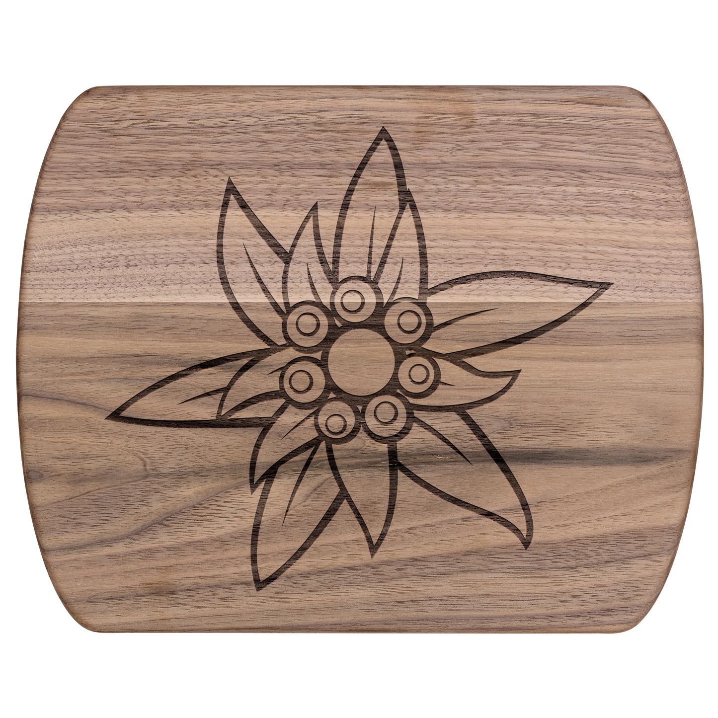 Premium dark wood Swiss cutting board with laser-engraved Edelweiss flower design and handle for kitchen use