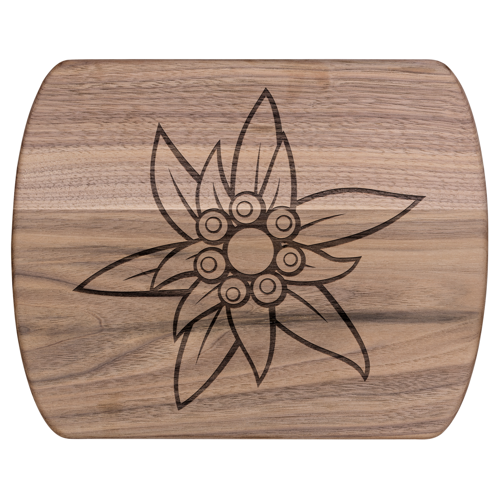 Premium dark wood Swiss cutting board with laser-engraved Edelweiss flower design and handle for kitchen use