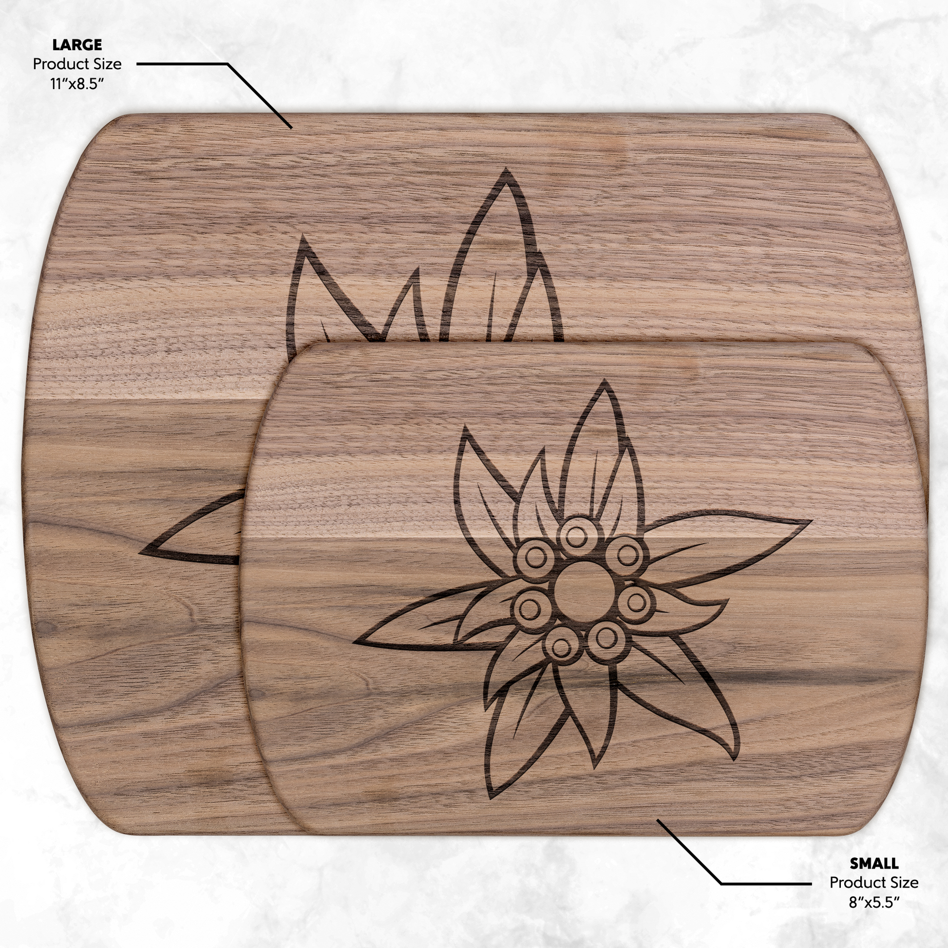 Dark wood Edelweiss cutting board showing two size options 15x7 and 11.5x5.5 inches with engraved Swiss Alpine flower design