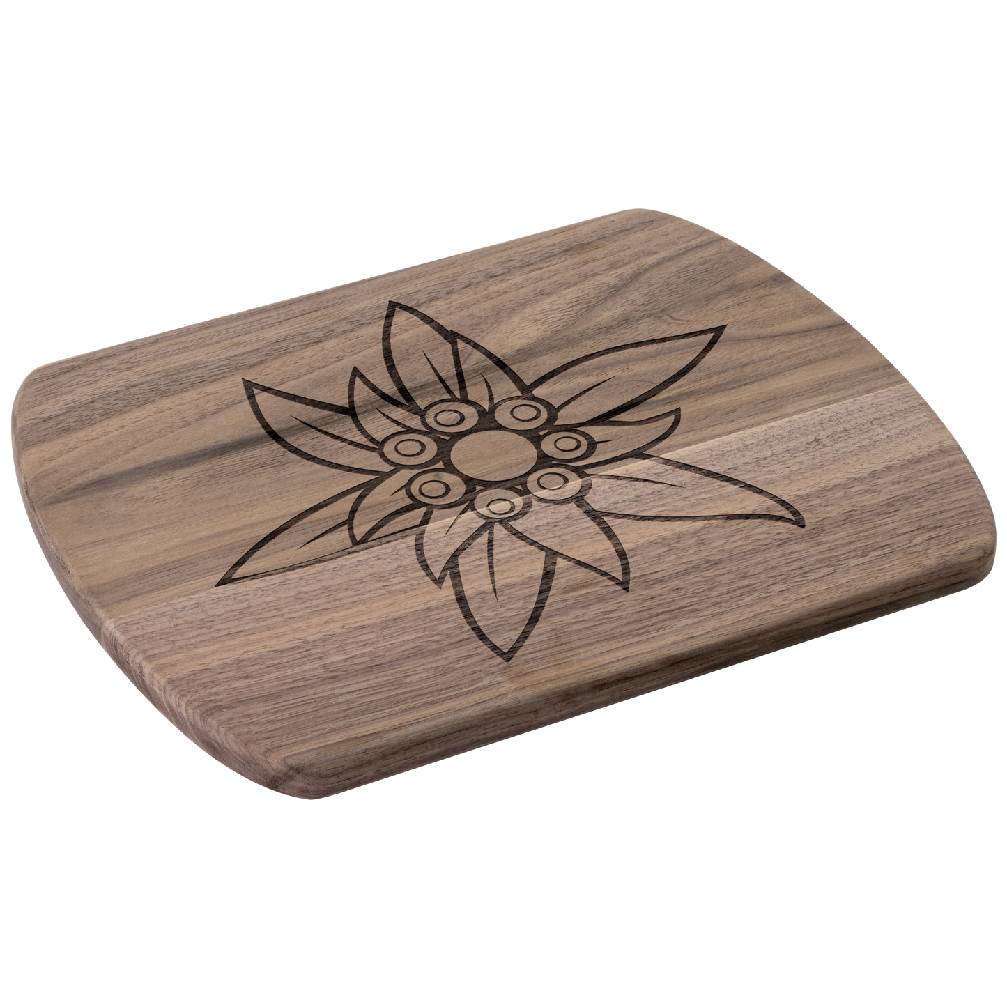 Angled view of dark wood Swiss Edelweiss cutting board showing rounded edges and detailed flower engraving