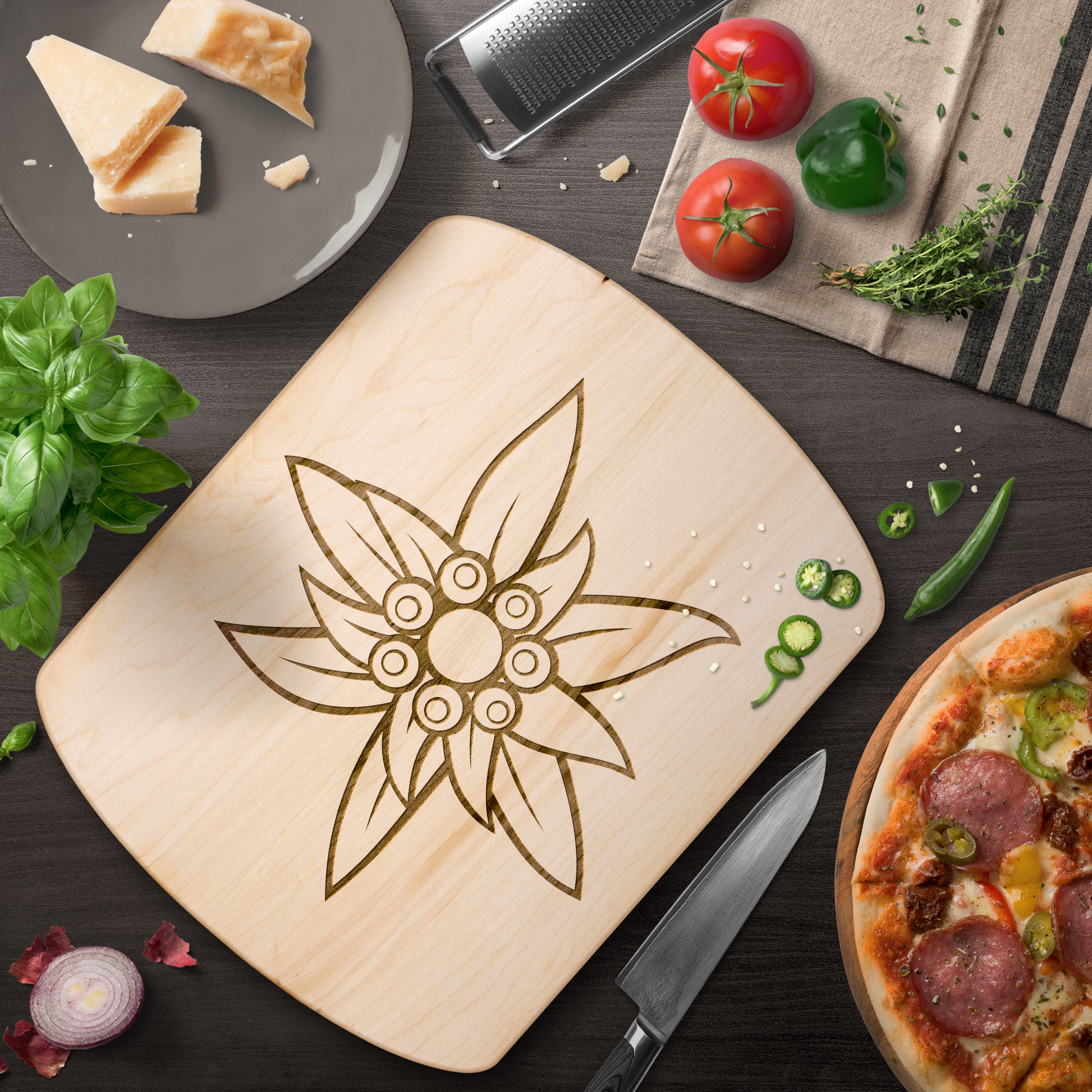 Wooden cutting board with Edelweiss flower symbol from the Swiss Alps