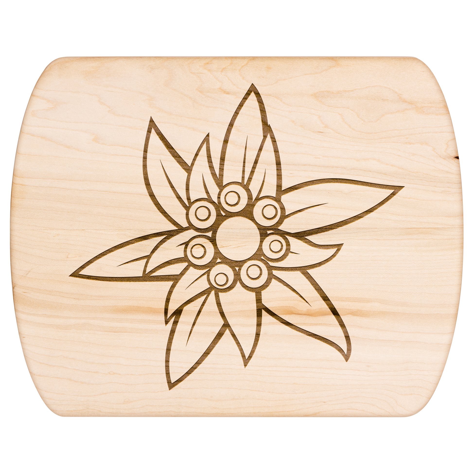 Light wood Edelweiss cutting board size comparison showing 15 inch and 11.5 inch options with Swiss flower motif